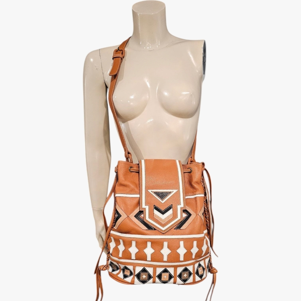 CLEOBELLA Tan Pebbled Leather Rumi Cinch Tie Bucket Crossbody Shoulder Bag